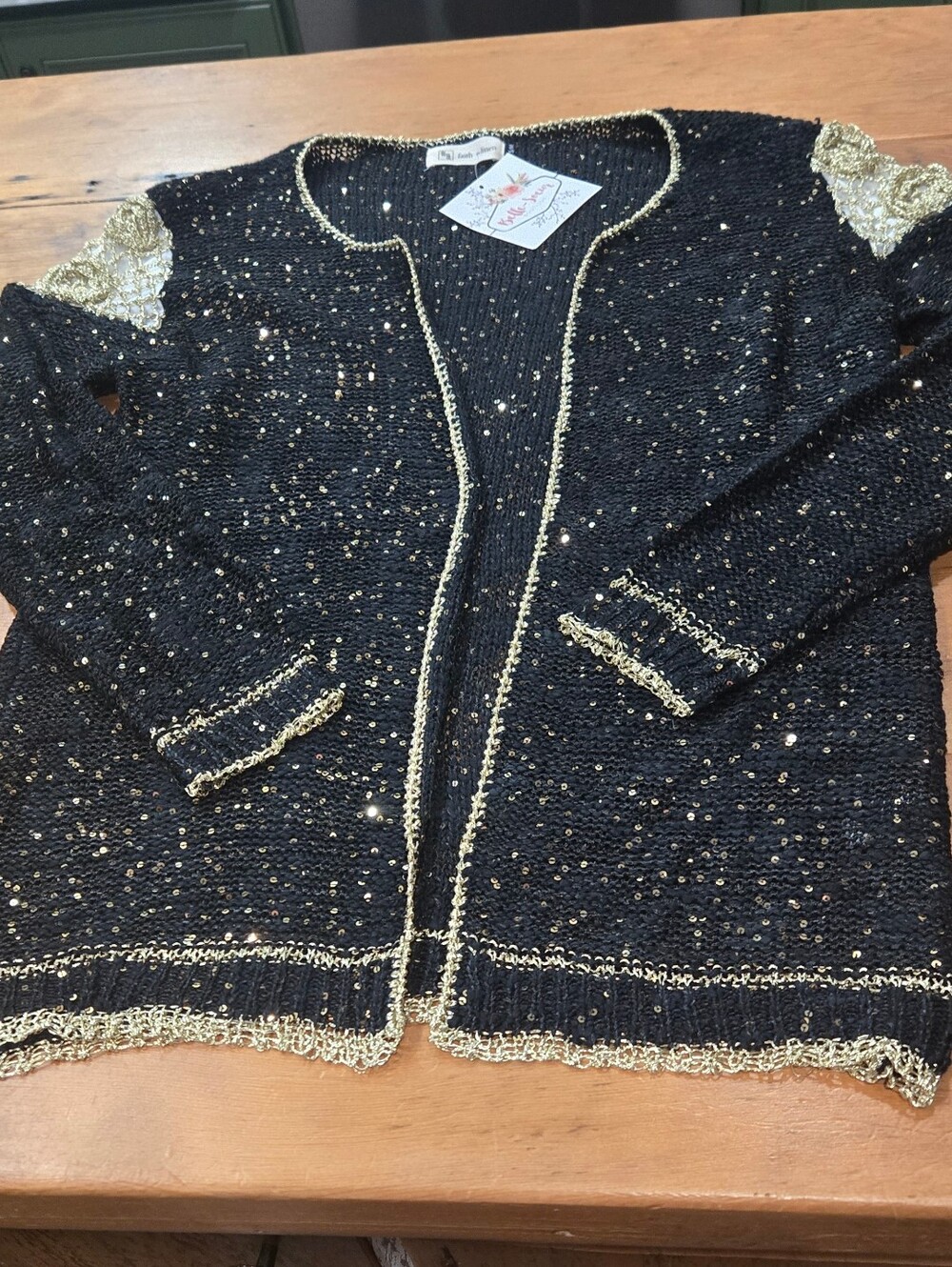 Black & Gold Open-Front  Cardigan Sweater